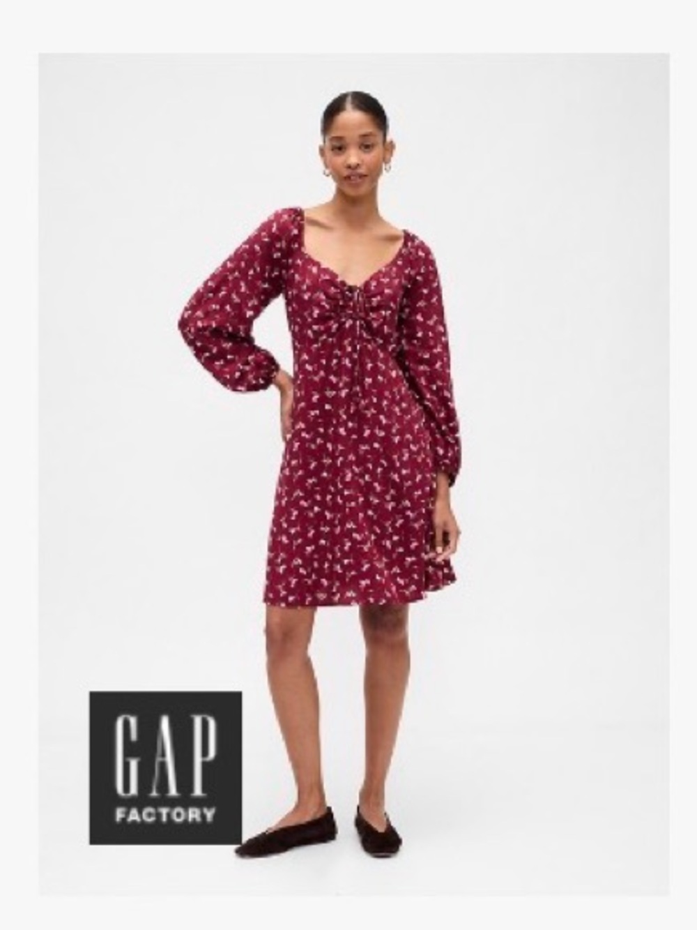 Gap Smocked Babydoll Floral Mini Dress Burgundy Long Sleeve Size L